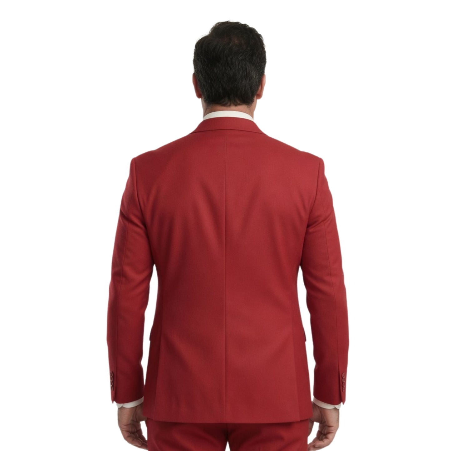 Red suit jacket worn by a person on a white background