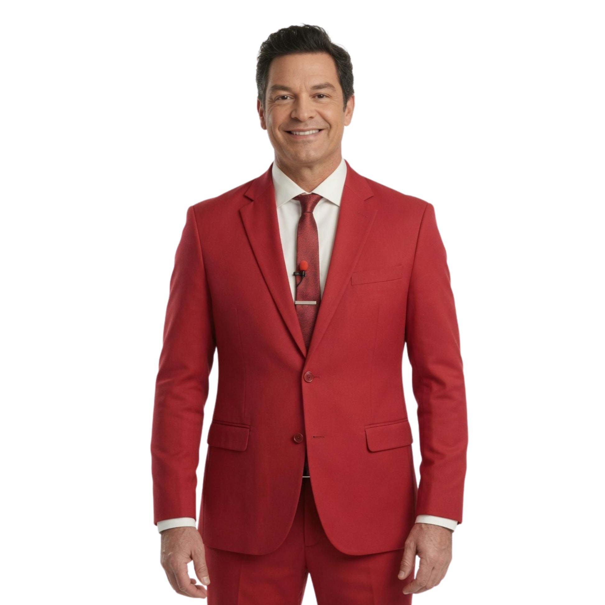 Man wearing a red suit with a white shirt and red tie on a white background