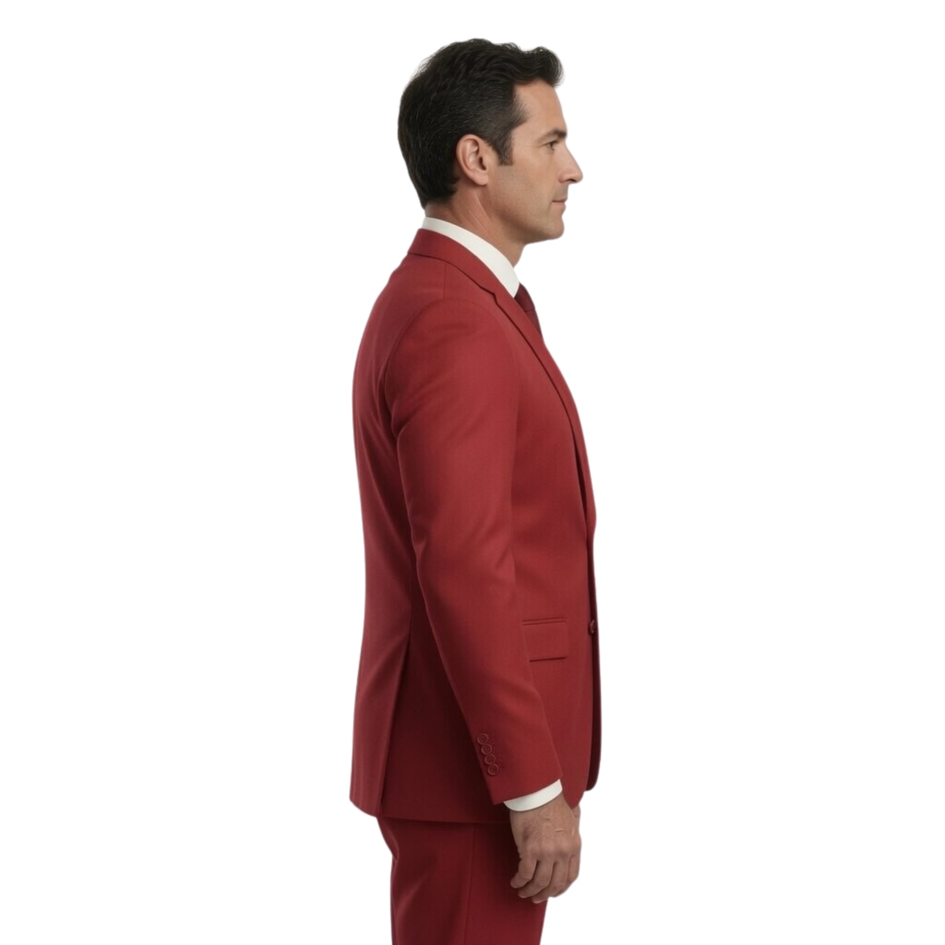 Man wearing a red suit on a white background