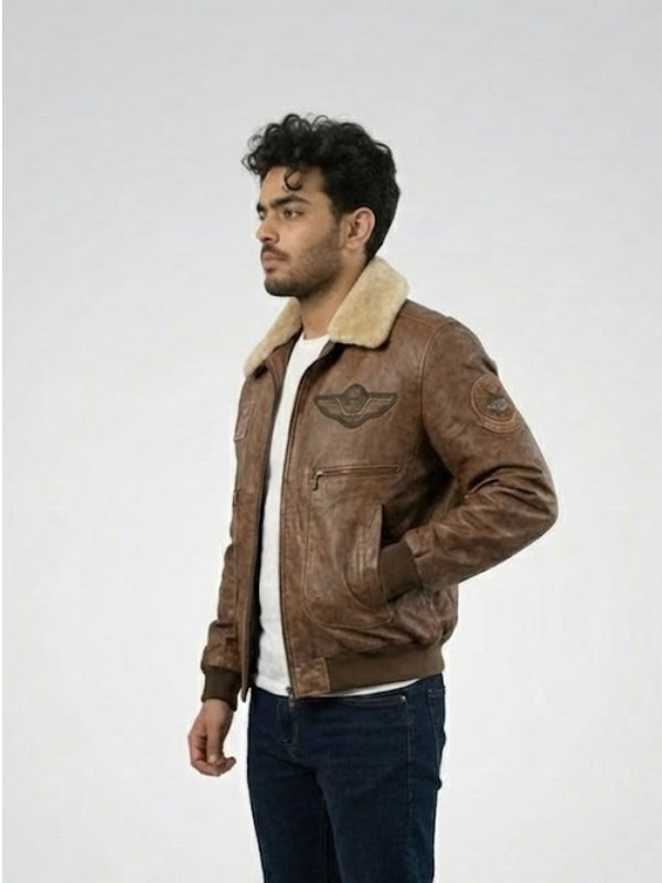 Man wearing a brown leather jacket with a white background