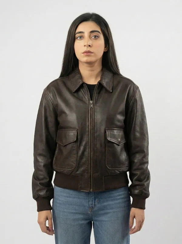 brown bomber jacket for women with classic vintage oversized style