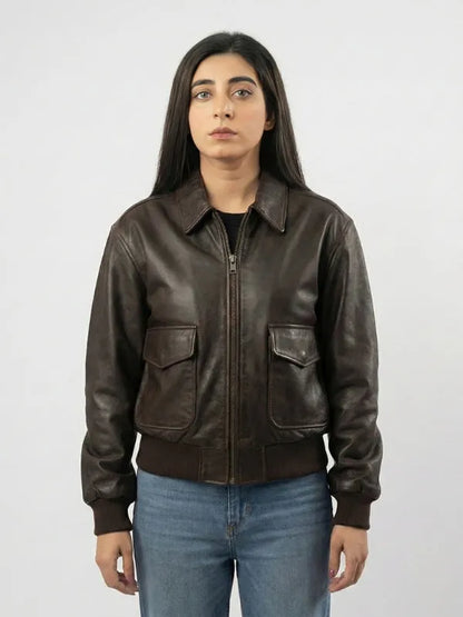 brown bomber jacket for women with classic vintage oversized style