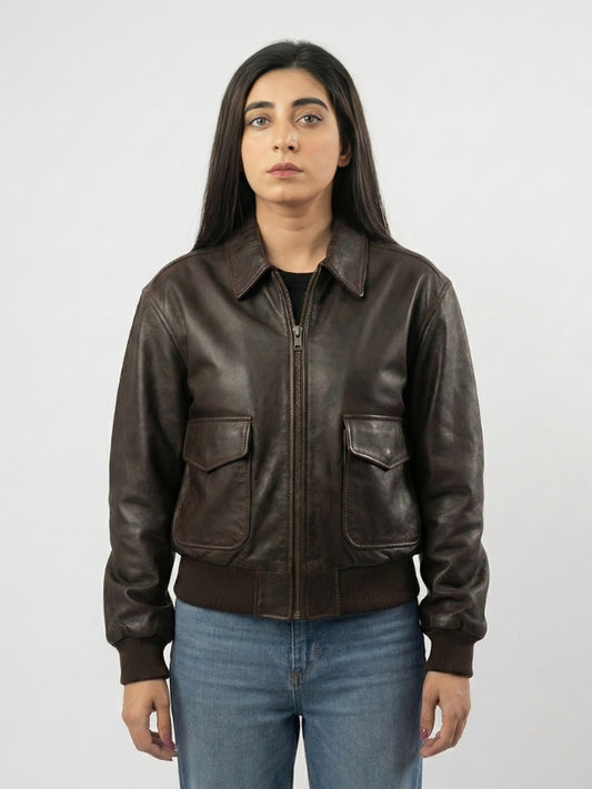 Person wearing a brown leather jacket on a white background