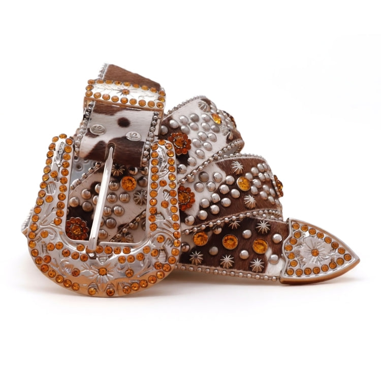 Decorative belt with brown and white pattern and orange rhinestones on a white background