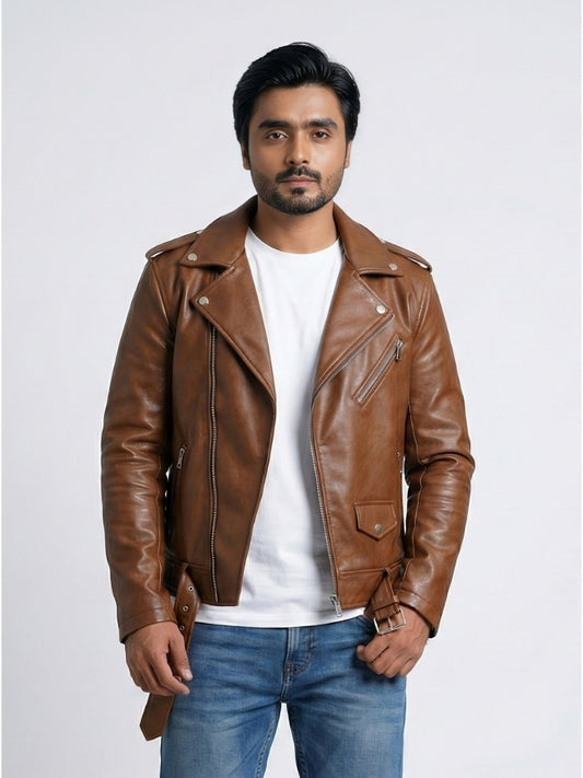 Man wearing a brown leather jacket over a white shirt with a plain background