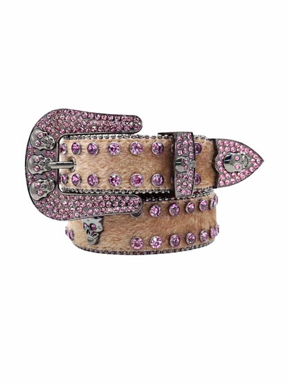 Belt with pink rhinestone buckle and trim on a white background