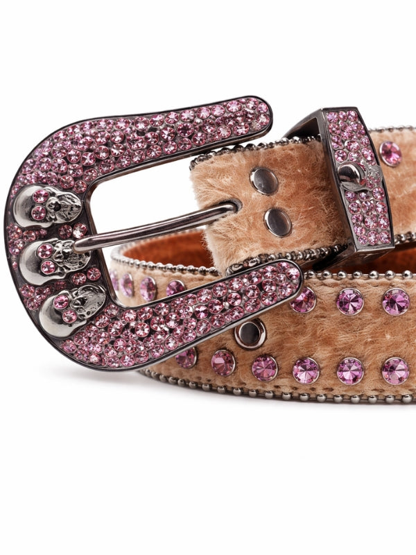 Belt with pink rhinestone buckle and fur texture on a white background