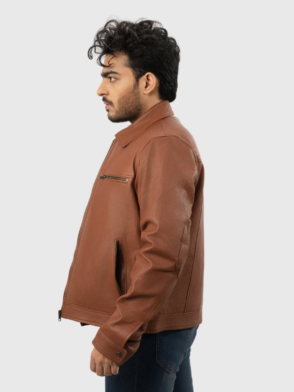 Man wearing a brown leather jacket on a white background