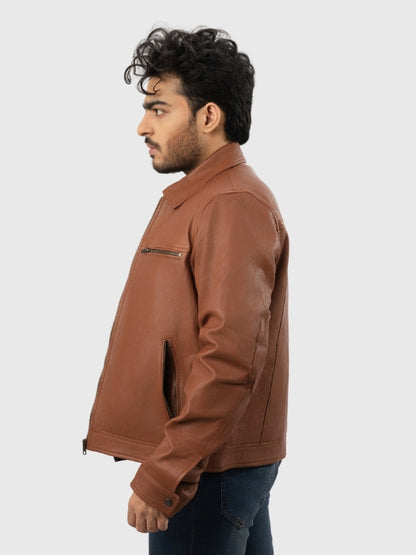 Man wearing a brown leather jacket on a white background