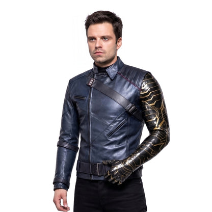 Person wearing a detailed leather jacket with armor plating on a white background