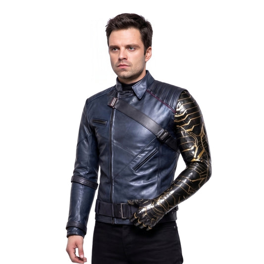 Person wearing a detailed leather jacket with armor plating on a white background