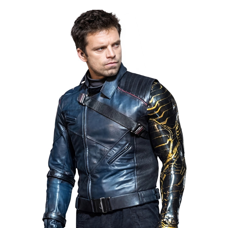 Person wearing a detailed superhero costume with blue and gold accents on a white background