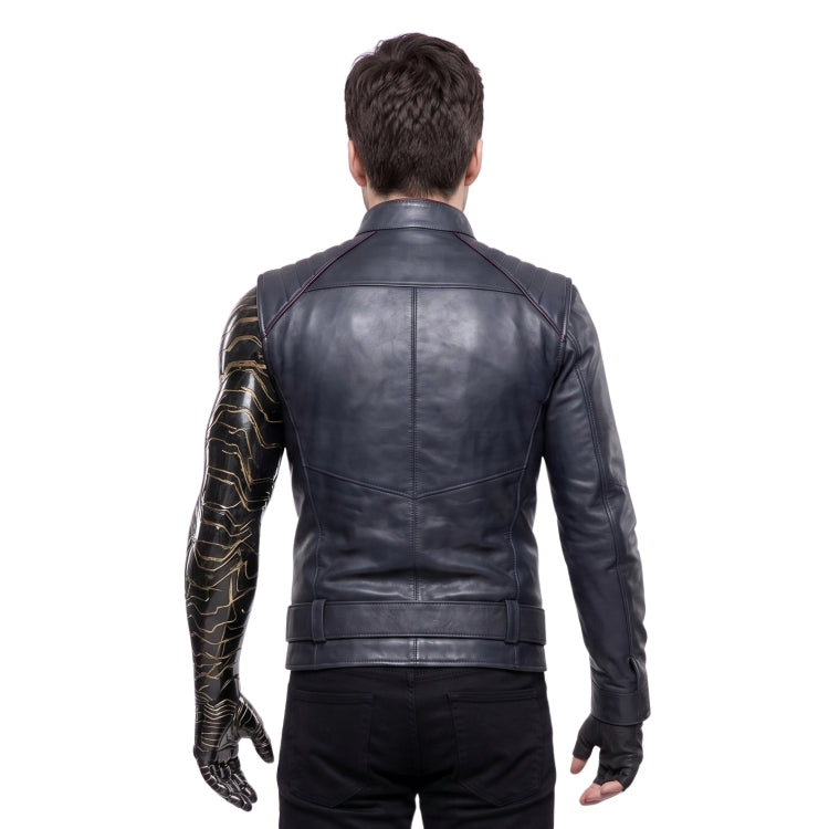 Person wearing a black leather jacket on a white background