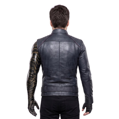 Person wearing a black leather jacket on a white background