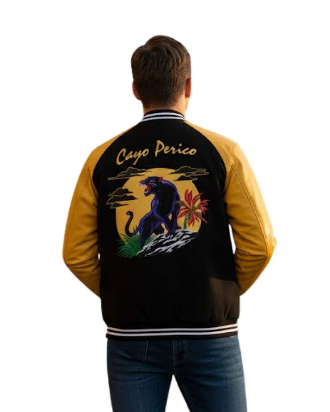Person wearing a black and yellow jacket with a panther design and 'Cayo Perico' text on the back.