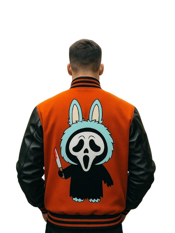 Person wearing an orange and black varsity jacket with a cartoon character on the back