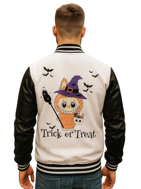 Person wearing a Halloween-themed letterman jacket with cartoon character and text.