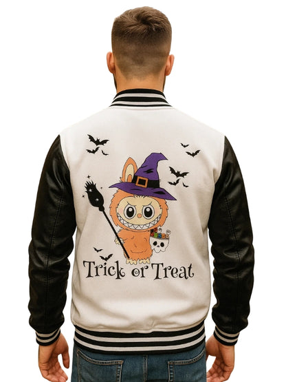 Person wearing a Halloween-themed letterman jacket with cartoon character and text.