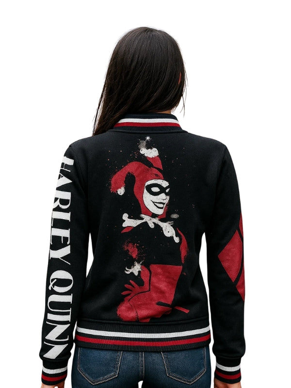 Black jacket with Harley Quinn design and 'Harley Quinn' text on sleeves, worn by a person.