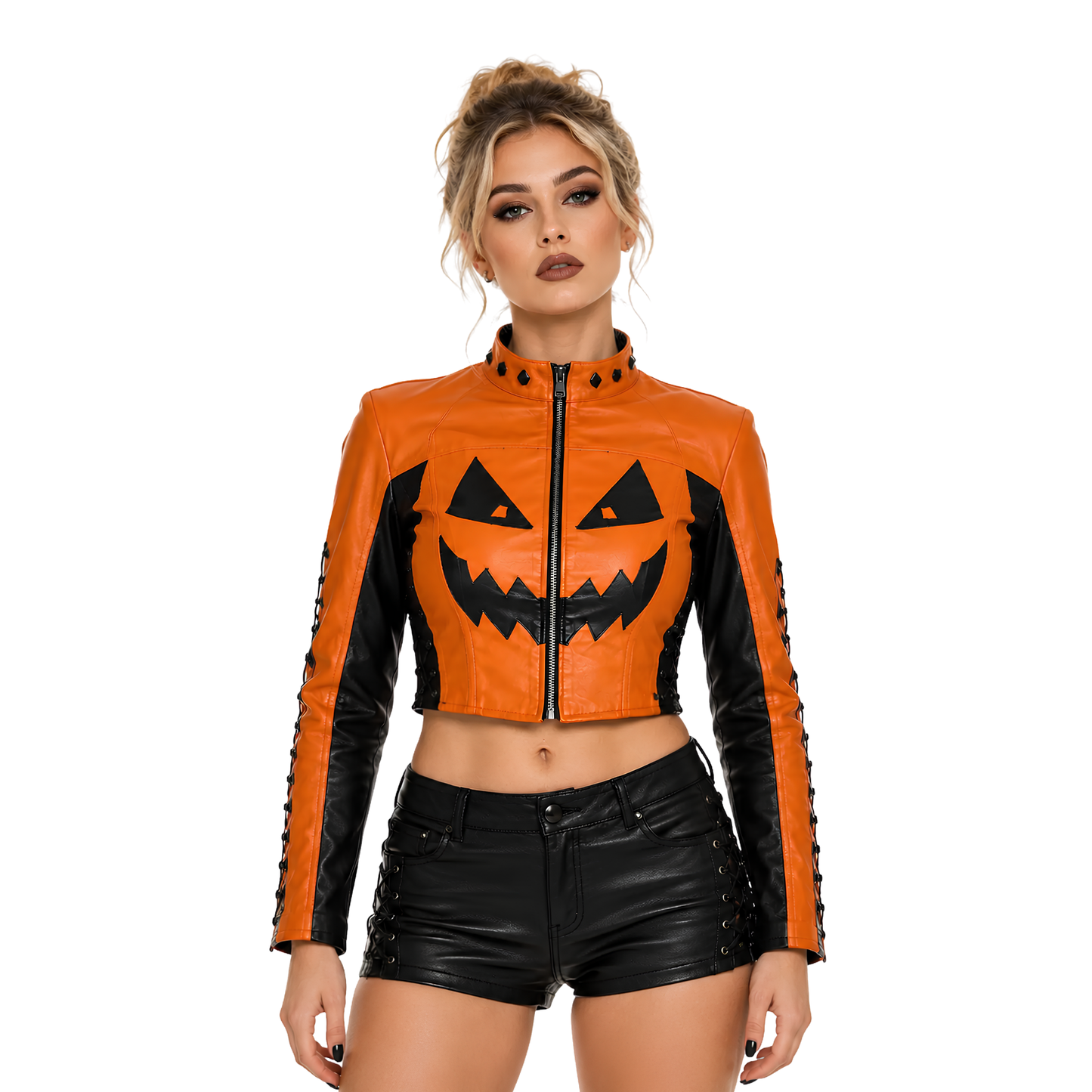 Buy The Jack-O-Lantern Pumpkin Crop Leather Jacket
