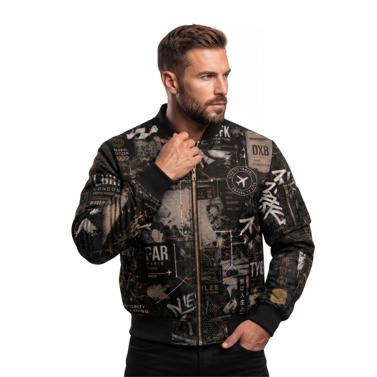 Men's Graphic Print Travel Bomber Jacket Front