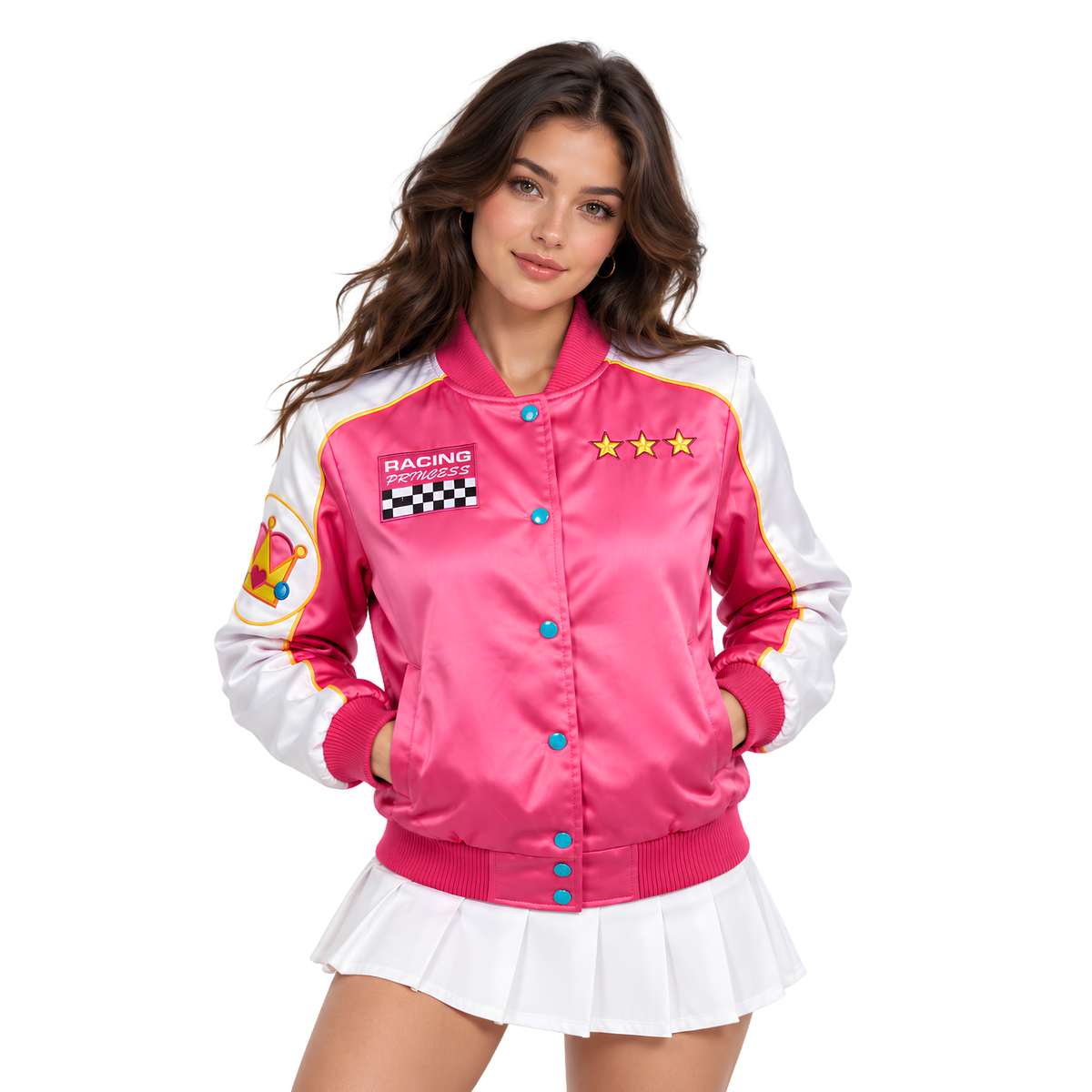 Buy The Women’s Pink Racing Princess Graphic Bomber Jacket