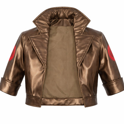 Bronze-colored jacket with red accents on a white background