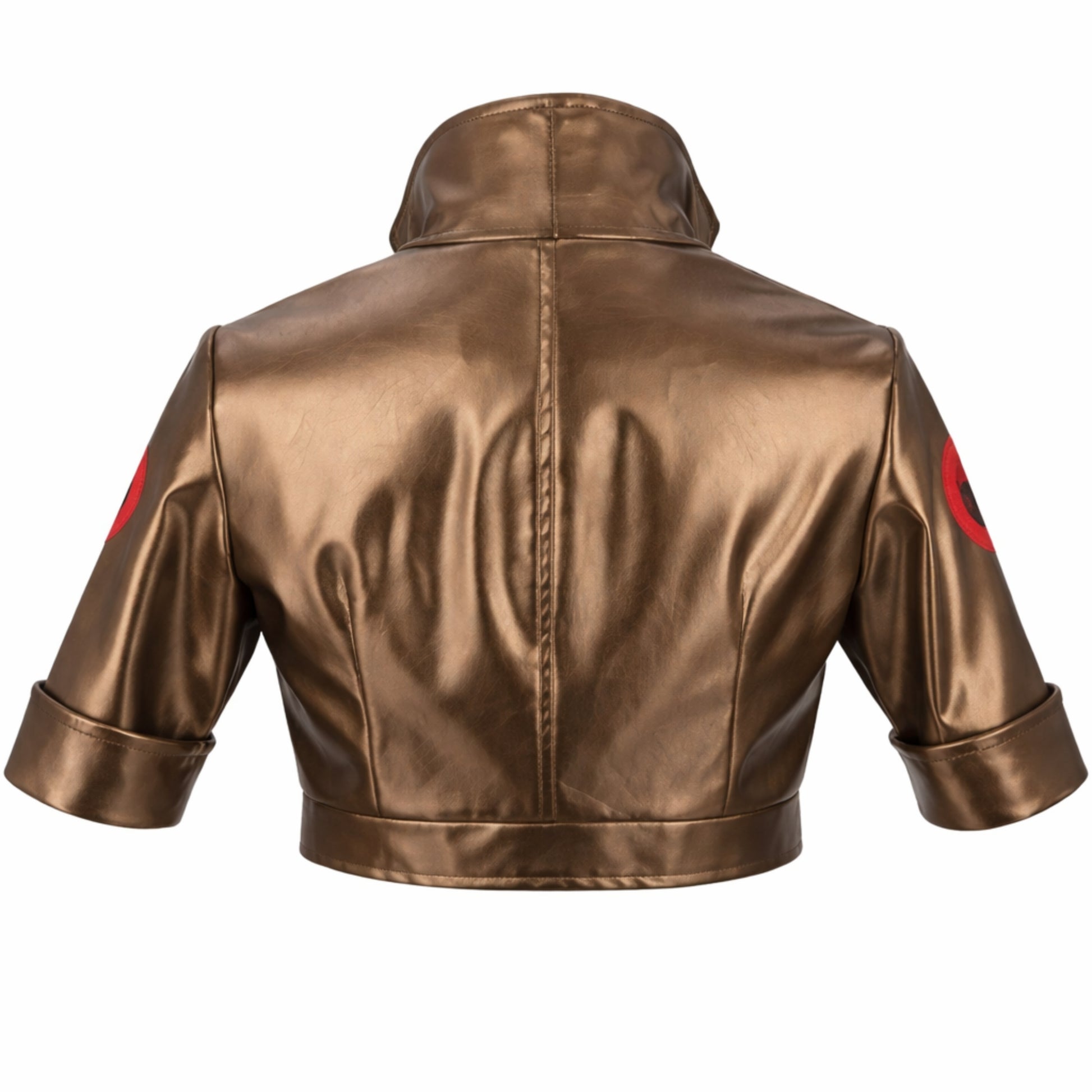 Brown leather jacket with red accents on a white background