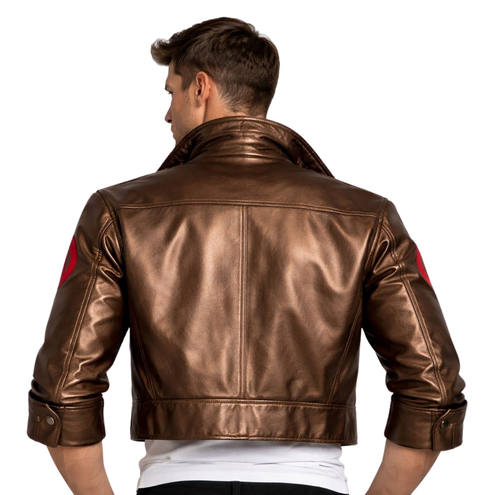 Man wearing a brown leather jacket on a white background