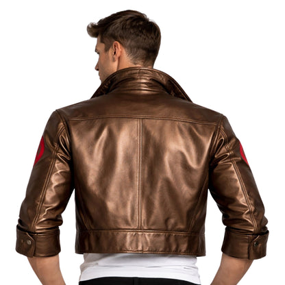 Man wearing a brown leather jacket on a white background