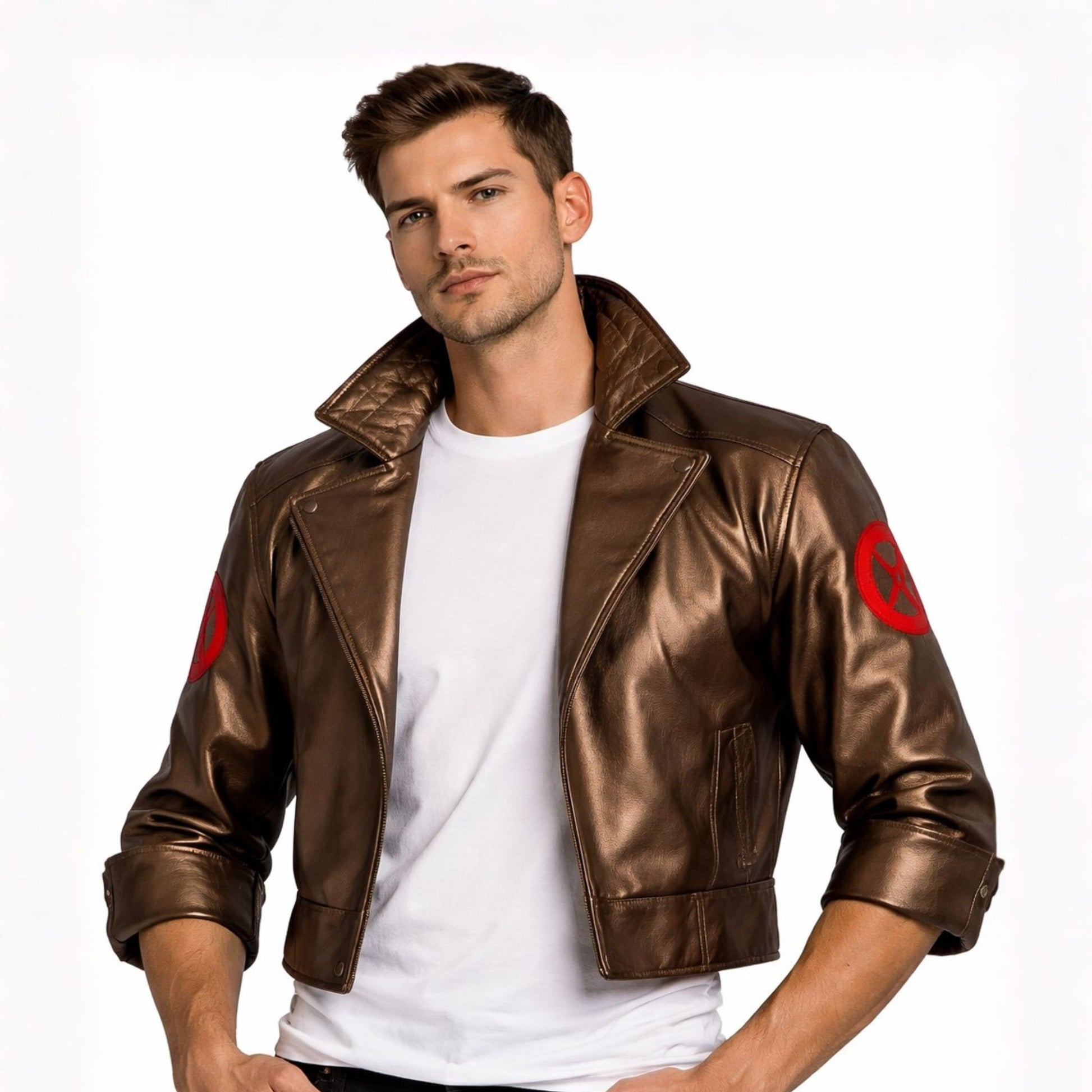 Man wearing a brown leather jacket with red patches on a white background