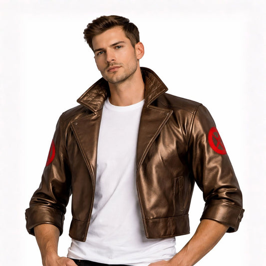 Man wearing a brown leather jacket with red patches on a white background