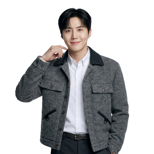 Man wearing a gray jacket over a white shirt on a white background