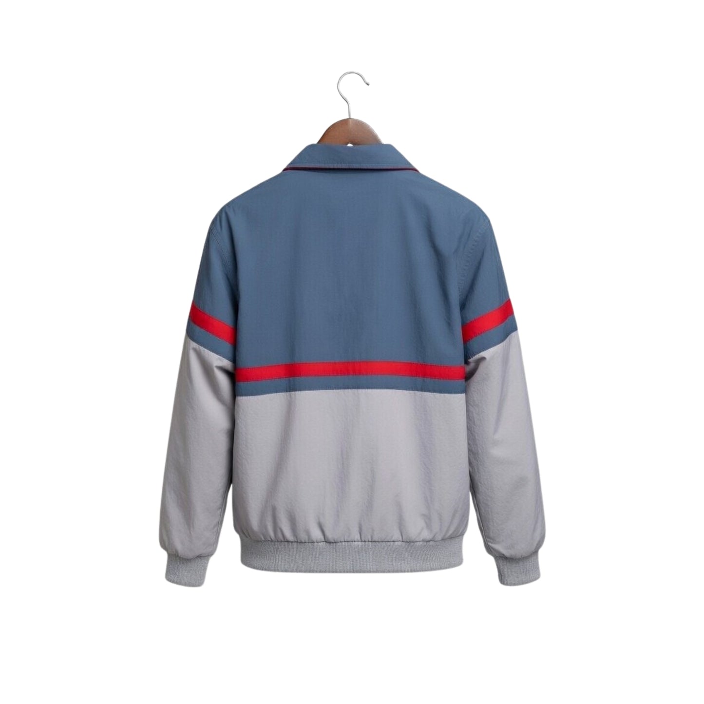 Gray and blue jacket with red stripes on sleeves, hanging on a white background