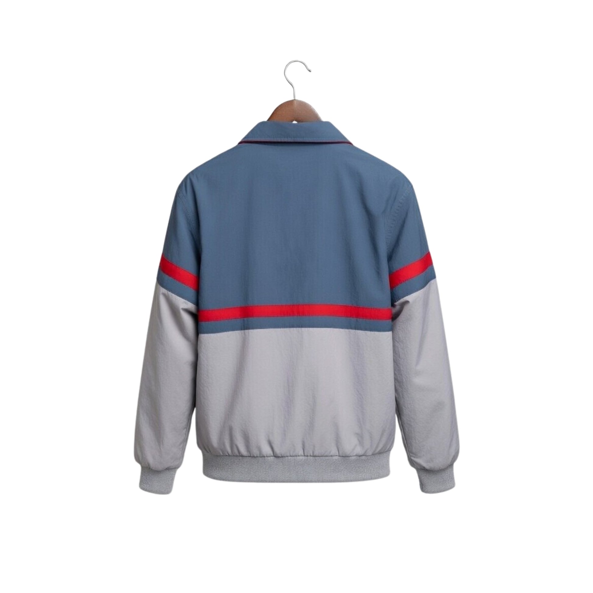 Gray and blue jacket with red stripes on sleeves, hanging on a white background