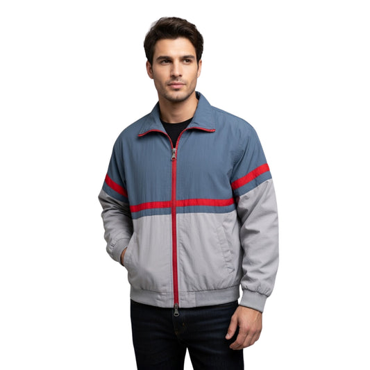 Man wearing a gray jacket with red stripes on a white background