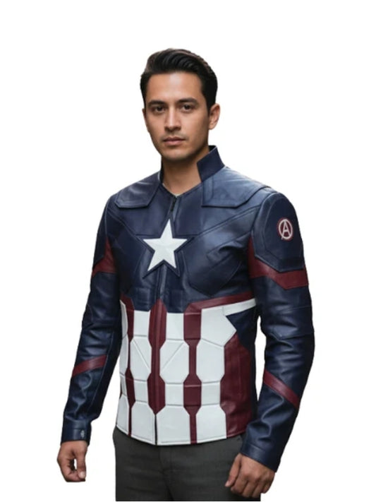 Person wearing a Captain America-themed jacket on a white background