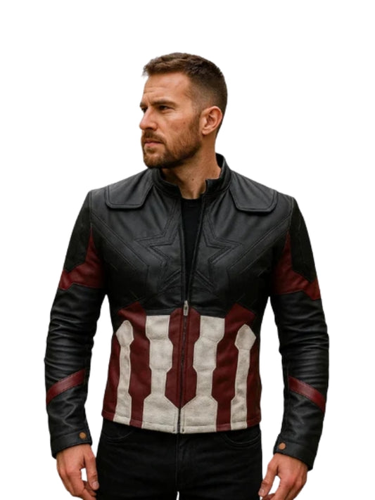 Man wearing a black leather jacket with red and white design on a white background