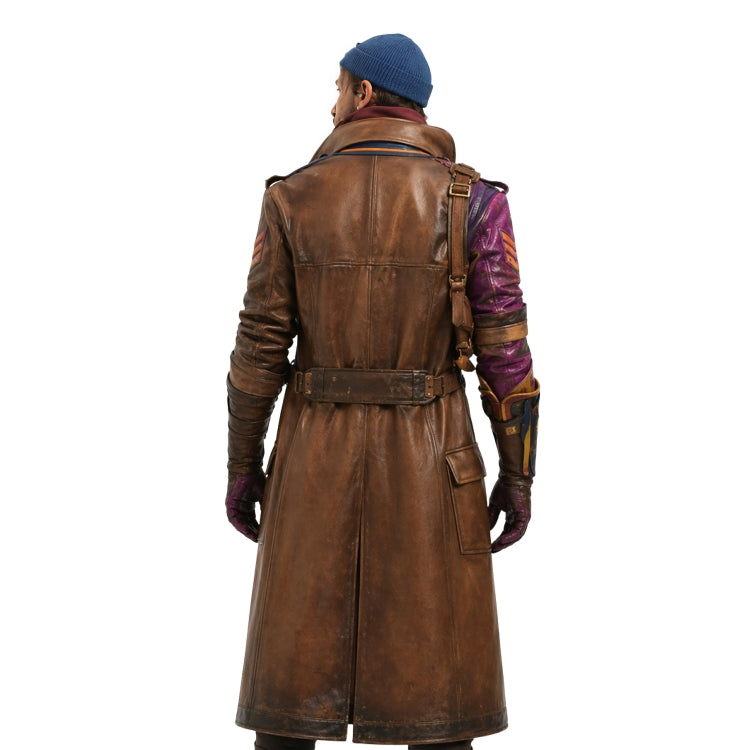 Person wearing a brown leather coat with a white background
