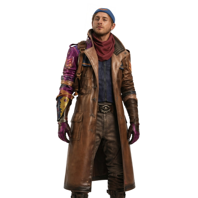 Person wearing a long brown leather coat with colorful accents on a white background