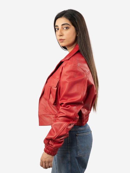 Women's Red Leather Cargo Bomber Jacket - Button-Down Style