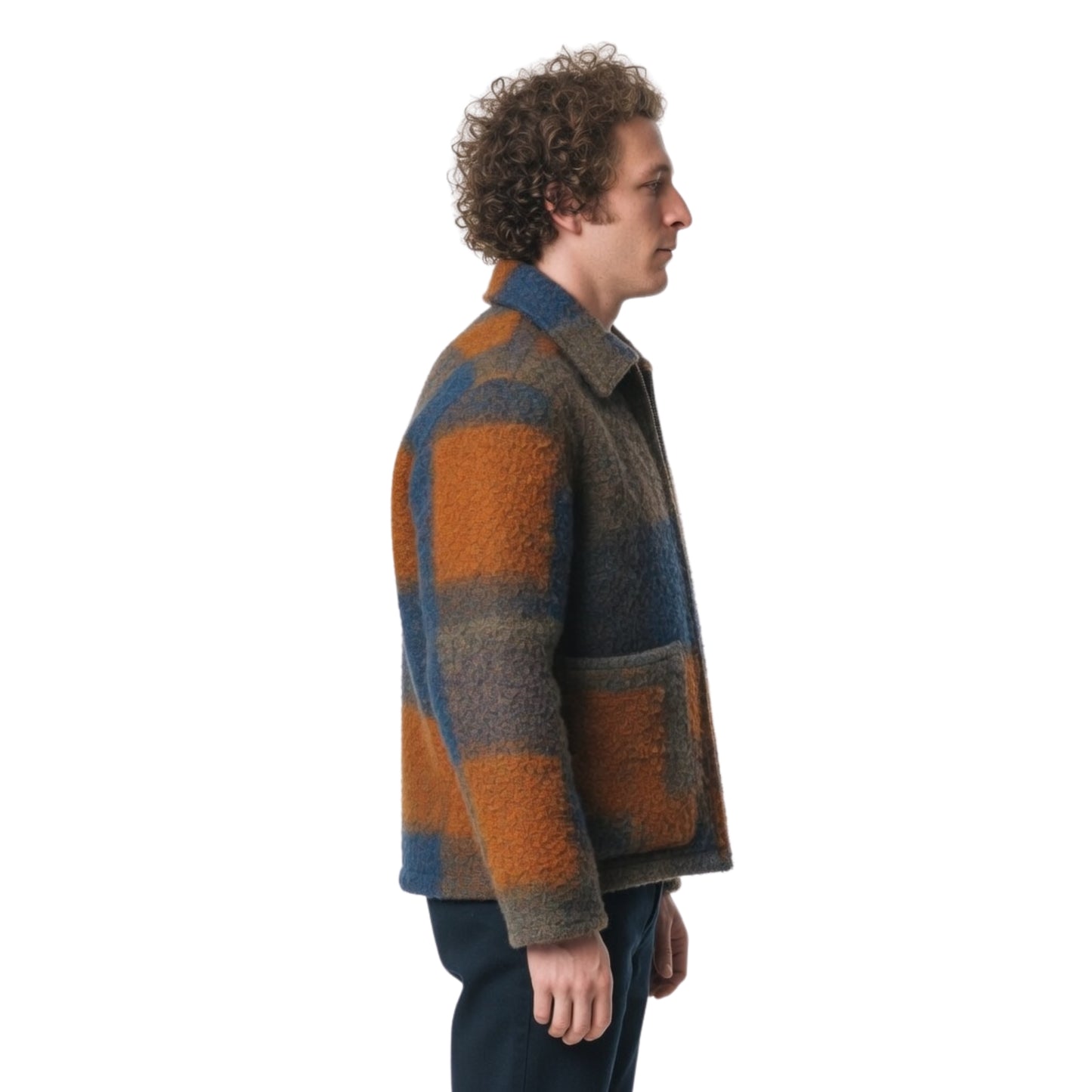 Man wearing a plaid jacket on a white background