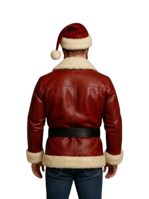 Red leather jacket with white fur trim and Santa hat on a white background