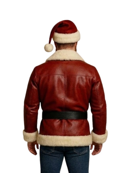 Red leather jacket with white fur trim and Santa hat on a white background