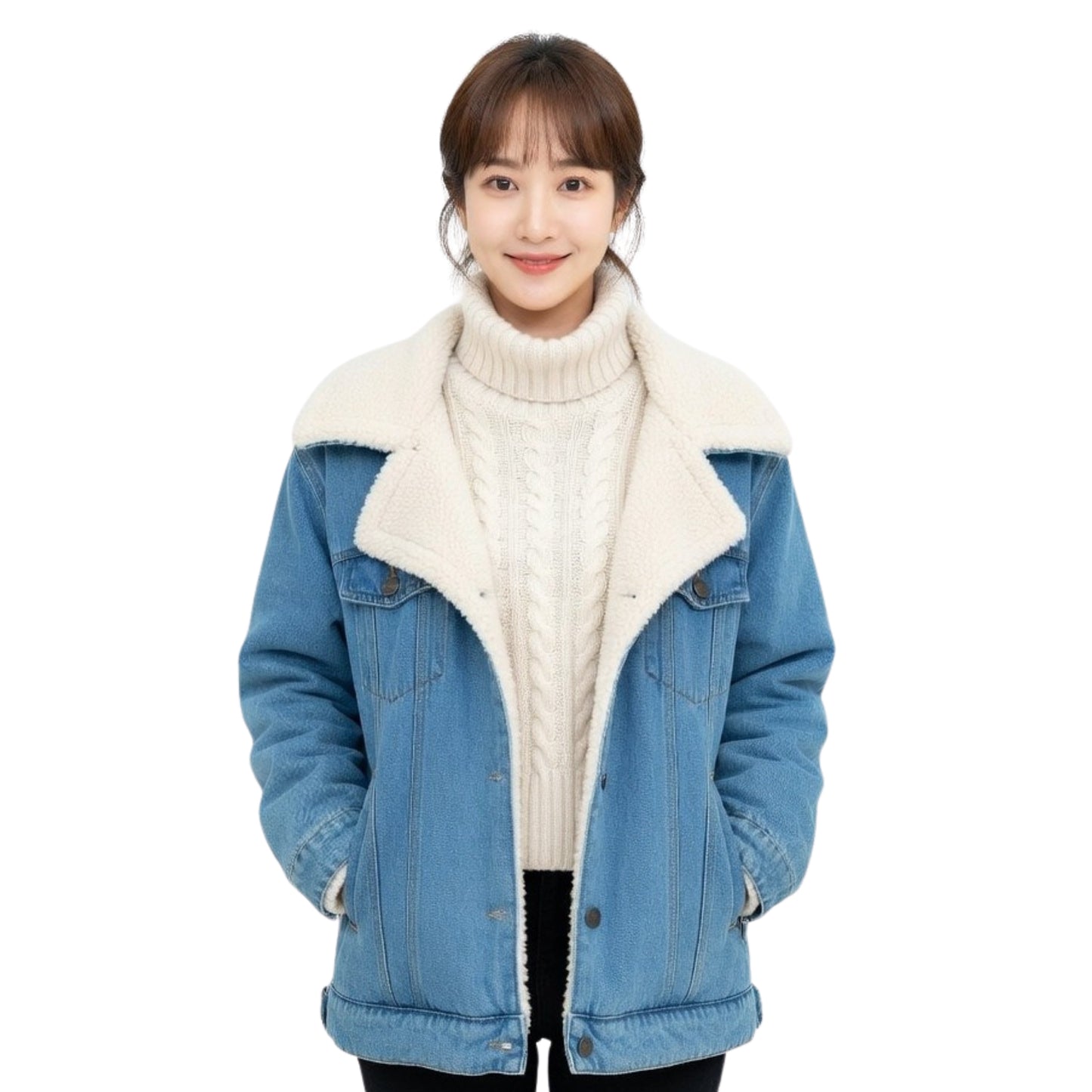 Person wearing a blue denim jacket with white fur lining on a white background