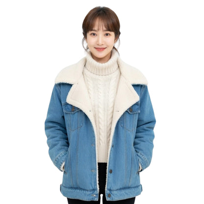Person wearing a blue denim jacket with white fur lining on a white background