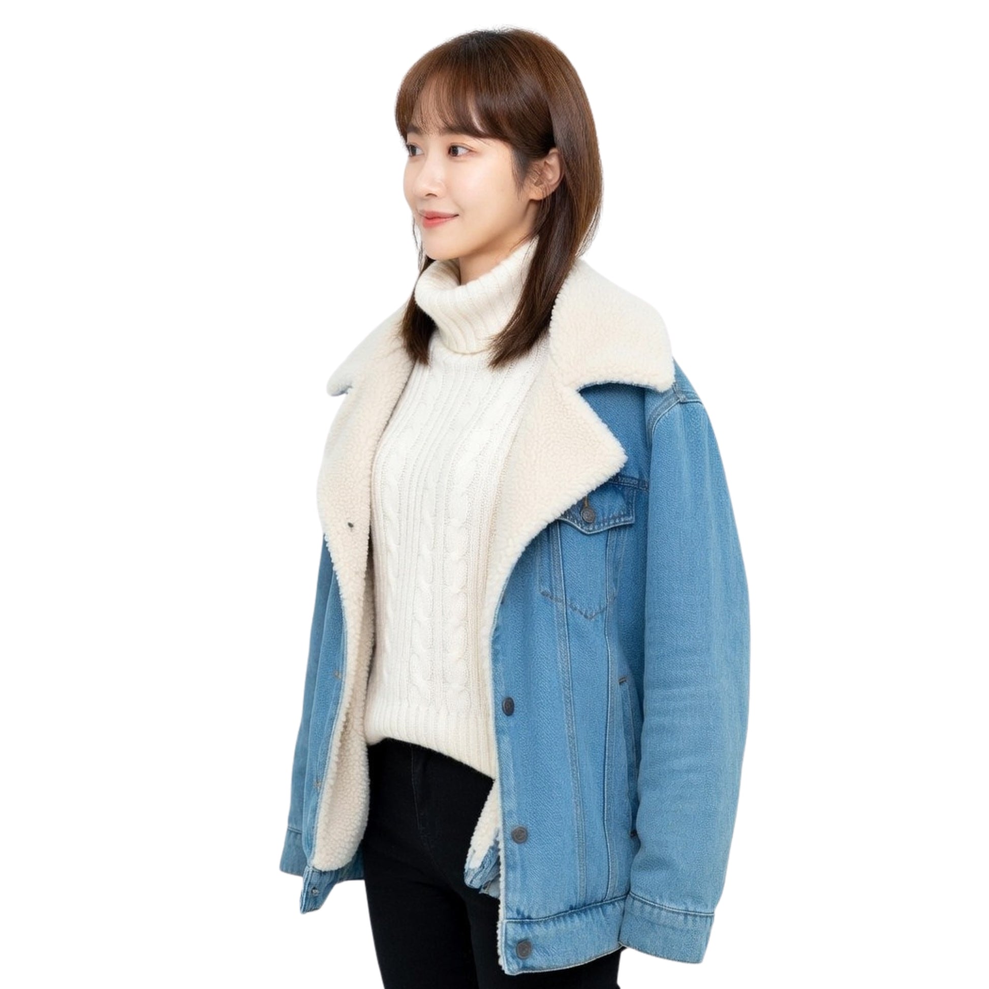 Woman wearing a blue denim jacket with white fur lining on a white background