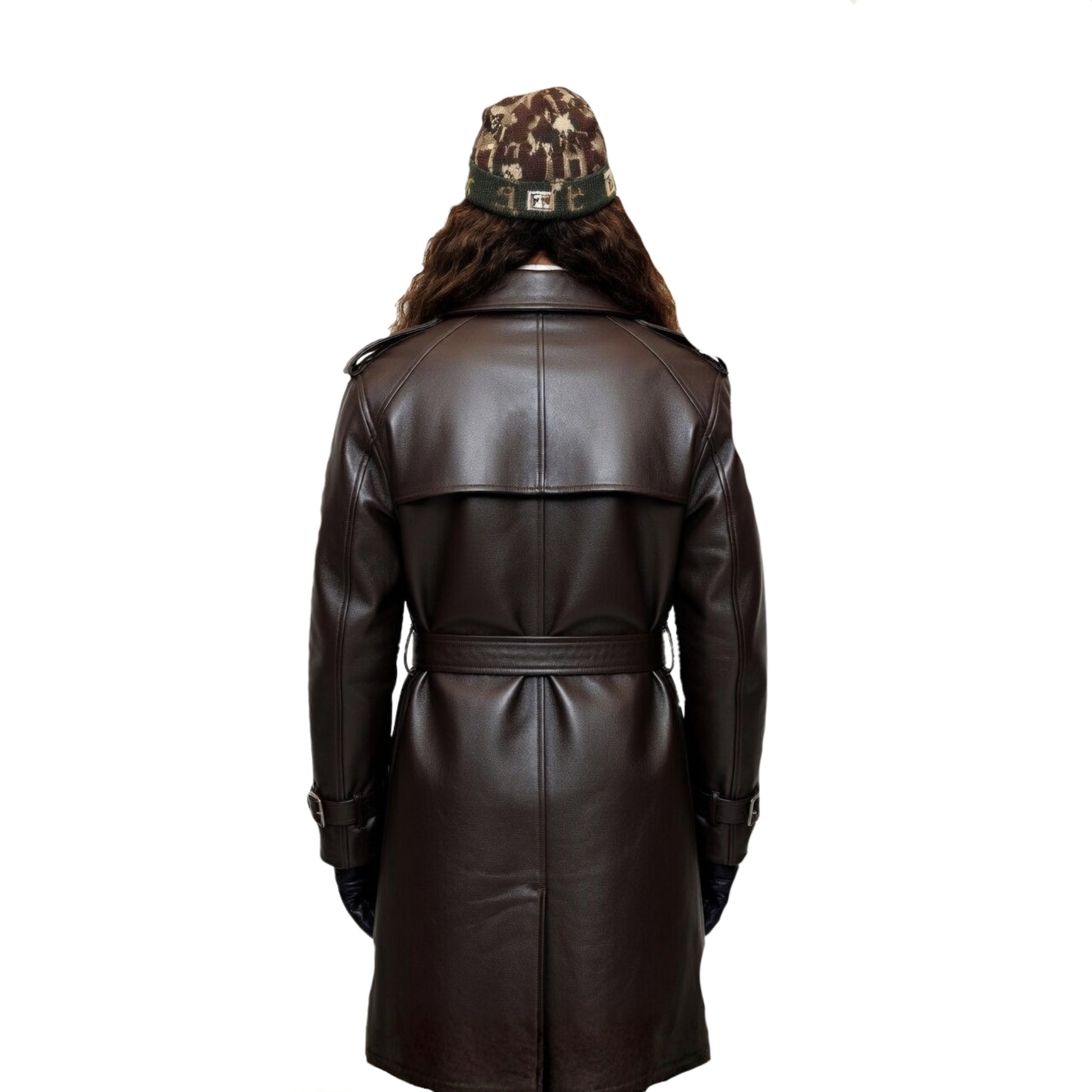 Brown leather trench coat with a patterned hat on a white background