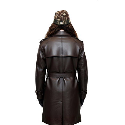 Brown leather trench coat with a patterned hat on a white background