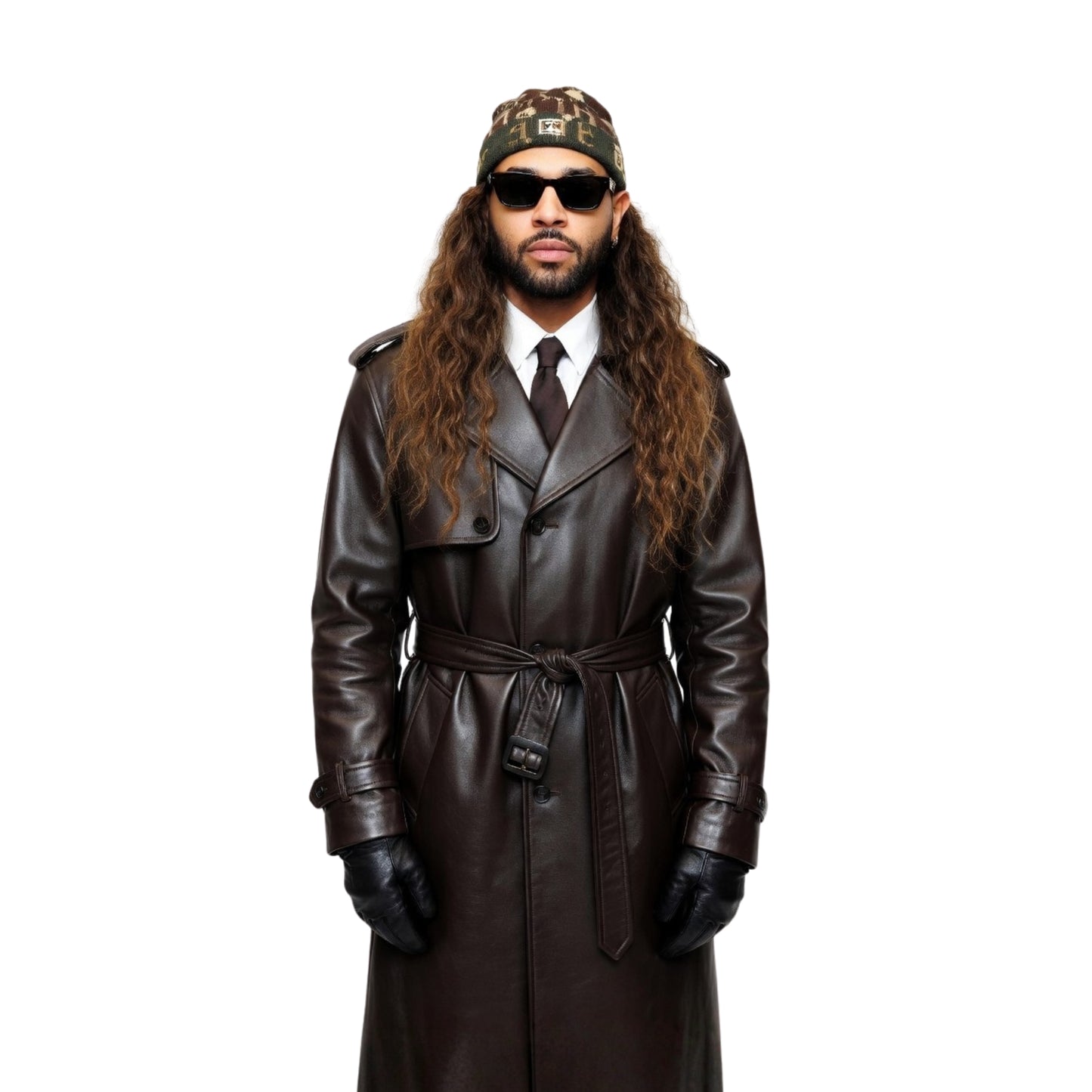 Man wearing a long brown leather coat, sunglasses, and a patterned cap on a white background